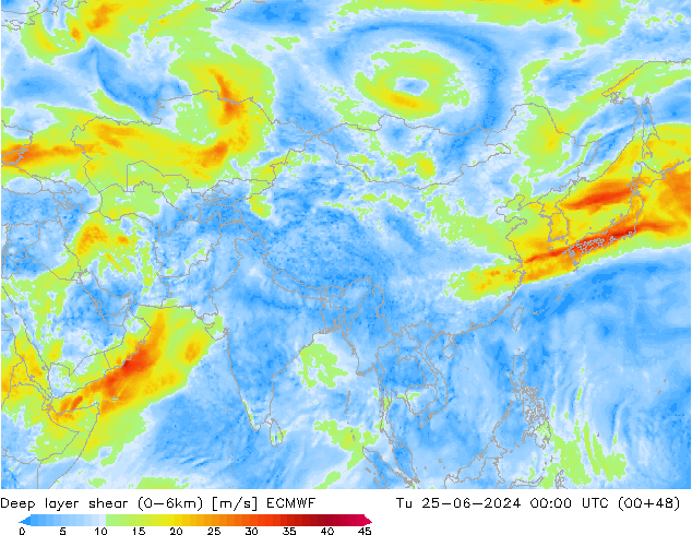 Deep layer shear (0-6km) ECMWF Út 25.06.2024 00 UTC