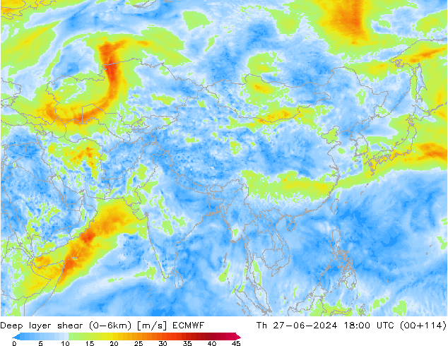 Deep layer shear (0-6km) ECMWF Do 27.06.2024 18 UTC