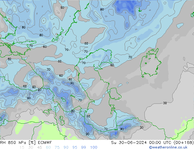 RH 850 hPa ECMWF dom 30.06.2024 00 UTC