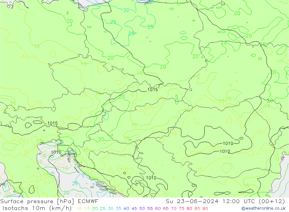 Isotachs (kph) ECMWF dim 23.06.2024 12 UTC