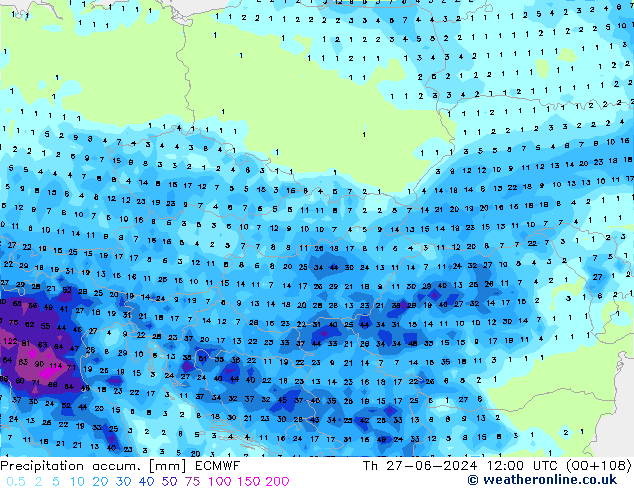 Precipitation accum. ECMWF Th 27.06.2024 12 UTC