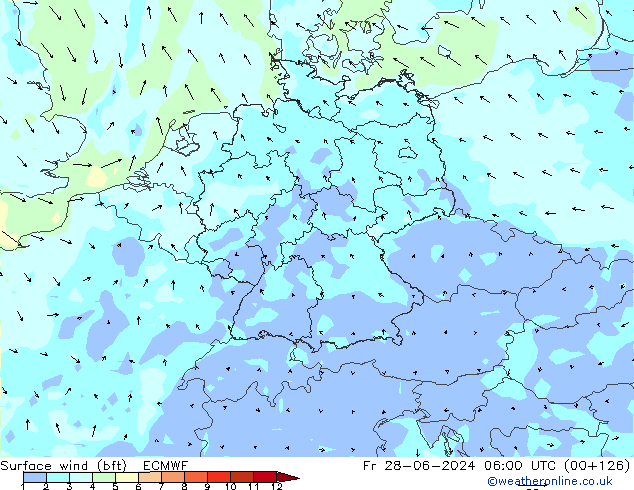 Vento 10 m (bft) ECMWF ven 28.06.2024 06 UTC