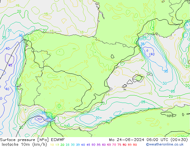 Isotachen (km/h) ECMWF ma 24.06.2024 06 UTC