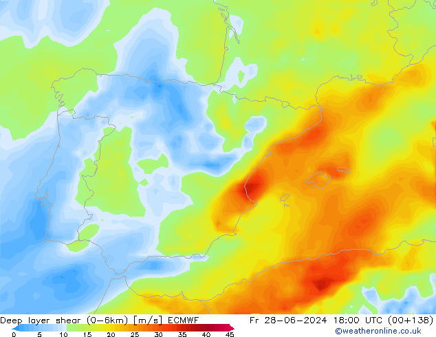 Deep layer shear (0-6km) ECMWF  28.06.2024 18 UTC