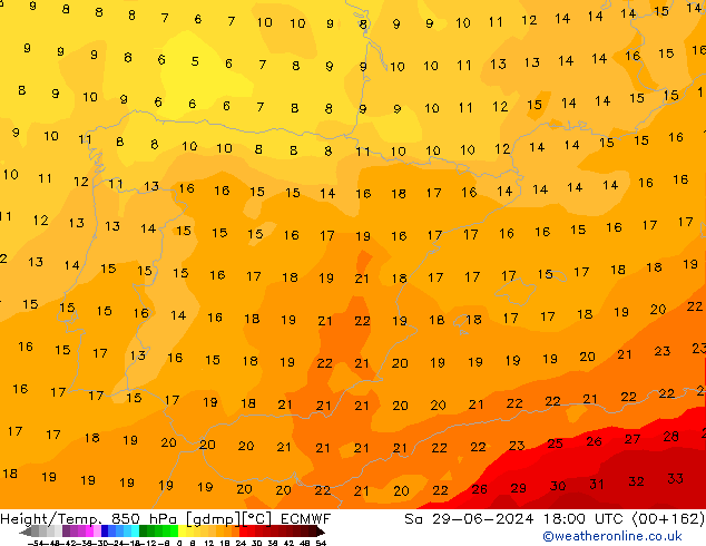 Geop./Temp. 850 hPa ECMWF sáb 29.06.2024 18 UTC