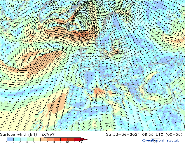 Vent 10 m (bft) ECMWF dim 23.06.2024 06 UTC