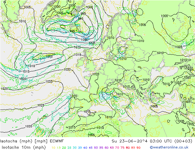 Izotacha (mph) ECMWF nie. 23.06.2024 03 UTC