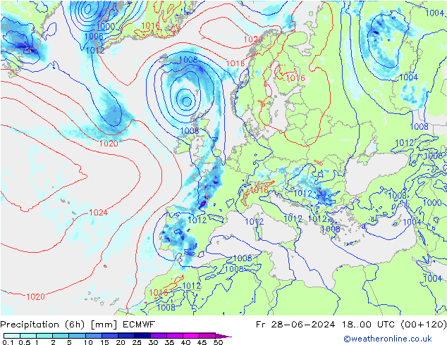 Z500/Rain (+SLP)/Z850 ECMWF Fr 28.06.2024 00 UTC