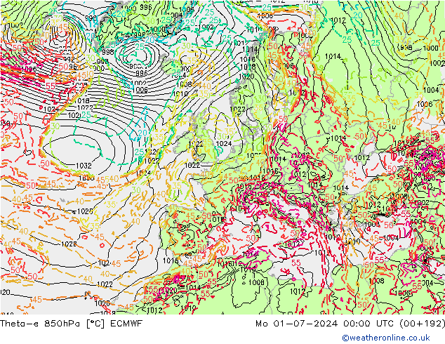 Theta-e 850hPa ECMWF Mo 01.07.2024 00 UTC