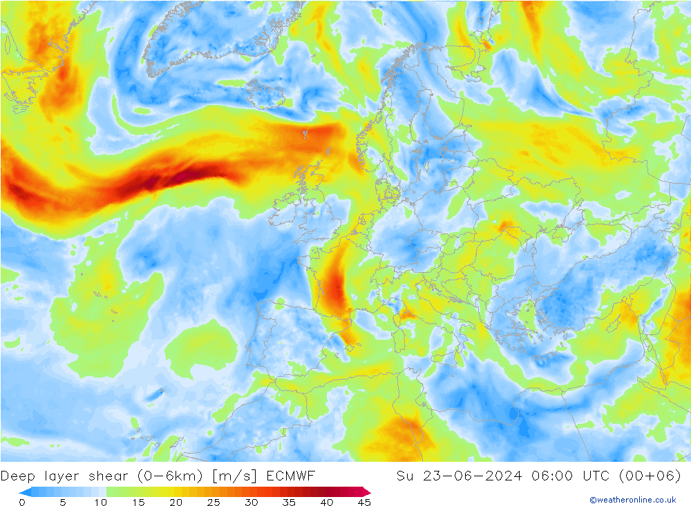 Deep layer shear (0-6km) ECMWF zo 23.06.2024 06 UTC