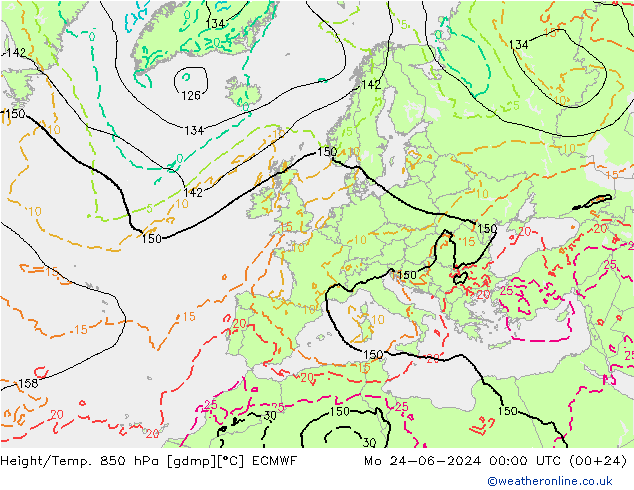 Geop./Temp. 850 hPa ECMWF lun 24.06.2024 00 UTC