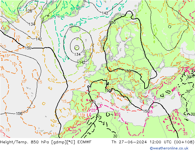 Height/Temp. 850 hPa ECMWF Qui 27.06.2024 12 UTC