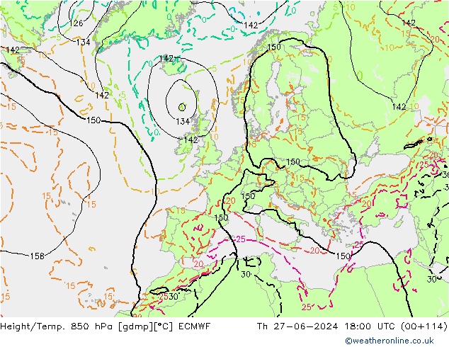 Z500/Rain (+SLP)/Z850 ECMWF jue 27.06.2024 18 UTC