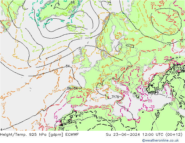 Height/Temp. 925 hPa ECMWF Su 23.06.2024 12 UTC