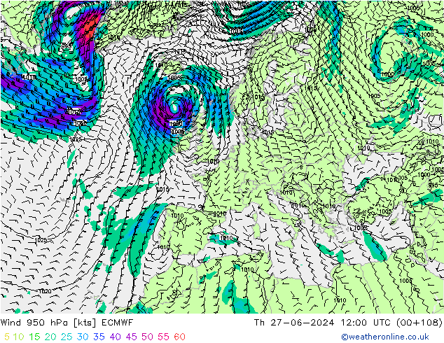 Wind 950 hPa ECMWF Th 27.06.2024 12 UTC