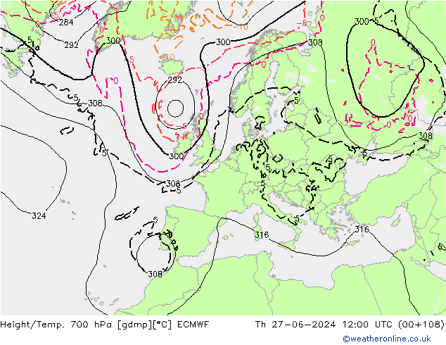 Height/Temp. 700 hPa ECMWF Th 27.06.2024 12 UTC