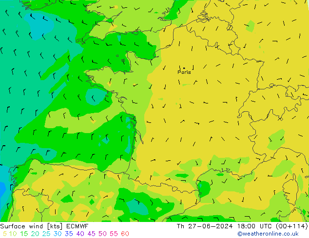 Vento 10 m ECMWF Qui 27.06.2024 18 UTC