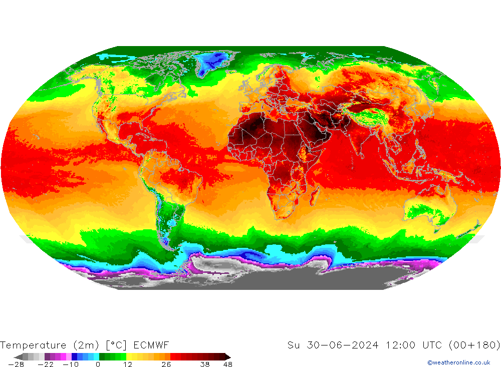 Temperatuurkaart (2m) ECMWF zo 30.06.2024 12 UTC