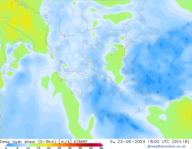 Deep layer shear (0-6km) ECMWF Su 23.06.2024 18 UTC