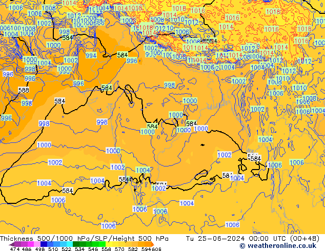 Thck 500-1000гПа ECMWF вт 25.06.2024 00 UTC