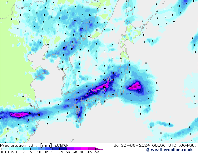 Précipitation (6h) ECMWF dim 23.06.2024 06 UTC