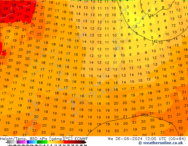 Z500/Rain (+SLP)/Z850 ECMWF We 26.06.2024 12 UTC