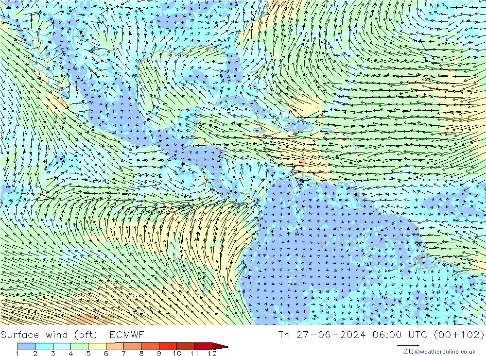 Vento 10 m (bft) ECMWF gio 27.06.2024 06 UTC