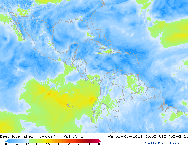 Deep layer shear (0-6km) ECMWF Qua 03.07.2024 00 UTC