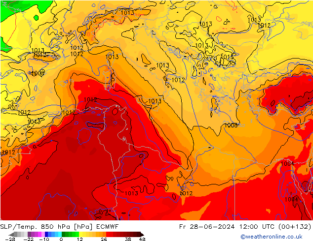 SLP/Temp. 850 hPa ECMWF ven 28.06.2024 12 UTC