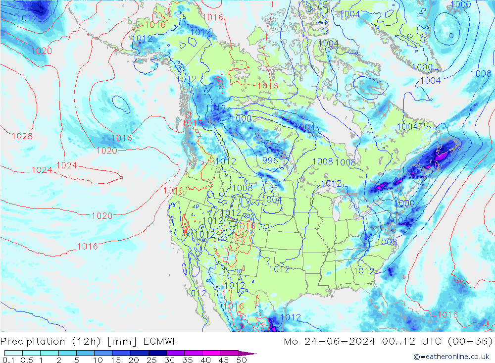 Precipitation (12h) ECMWF Mo 24.06.2024 12 UTC