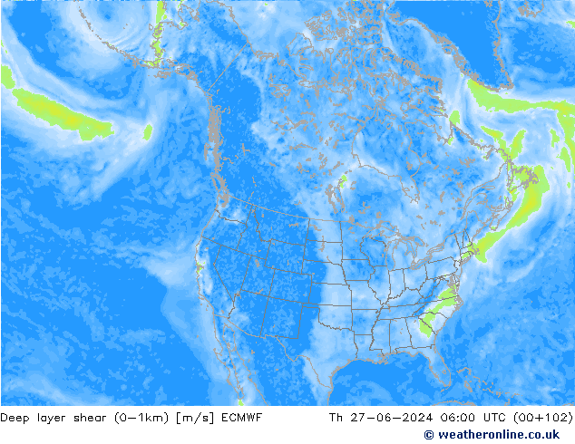 Deep layer shear (0-1km) ECMWF do 27.06.2024 06 UTC