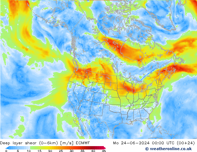 Deep layer shear (0-6km) ECMWF lun 24.06.2024 00 UTC