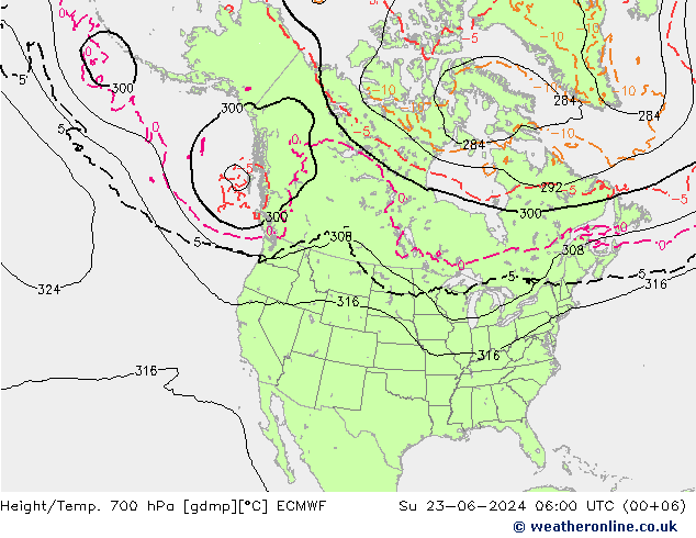 Hoogte/Temp. 700 hPa ECMWF zo 23.06.2024 06 UTC