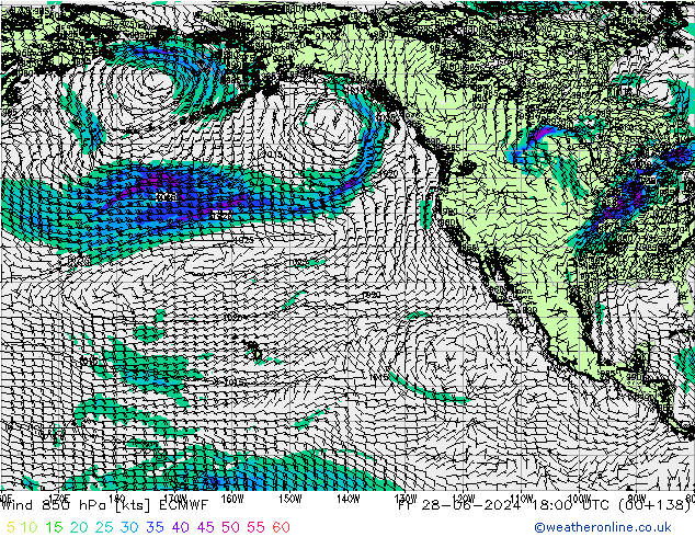 Rüzgar 850 hPa ECMWF Cu 28.06.2024 18 UTC