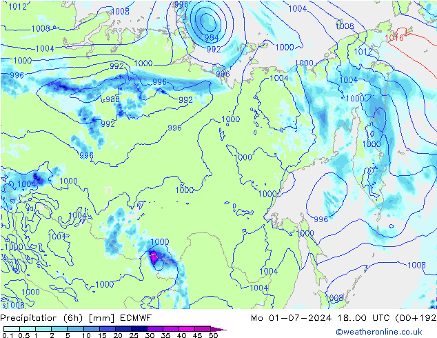 осадки (6h) ECMWF пн 01.07.2024 00 UTC