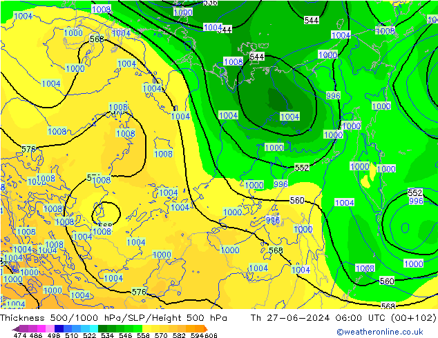 Dikte 500-1000hPa ECMWF do 27.06.2024 06 UTC