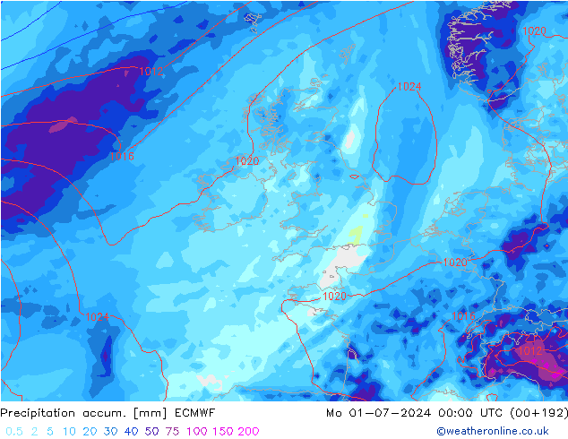 Precipitation accum. ECMWF Mo 01.07.2024 00 UTC