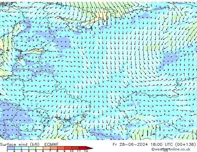 Surface wind (bft) ECMWF Fr 28.06.2024 18 UTC