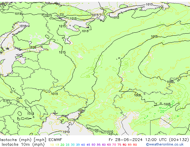 Isotachen (mph) ECMWF vr 28.06.2024 12 UTC