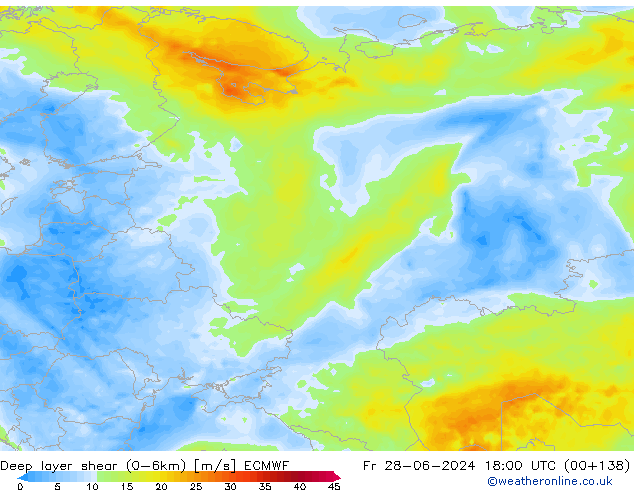 Deep layer shear (0-6km) ECMWF Fr 28.06.2024 18 UTC