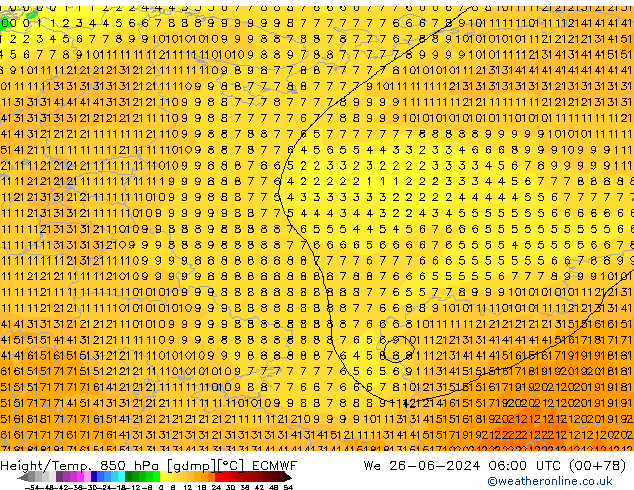 Z500/Regen(+SLP)/Z850 ECMWF wo 26.06.2024 06 UTC