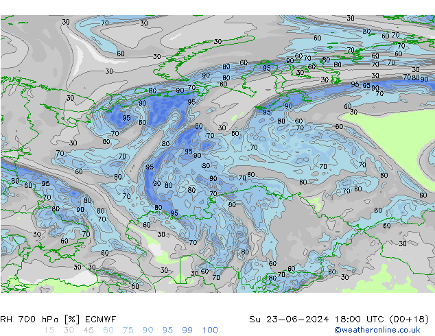 Humedad rel. 700hPa ECMWF dom 23.06.2024 18 UTC