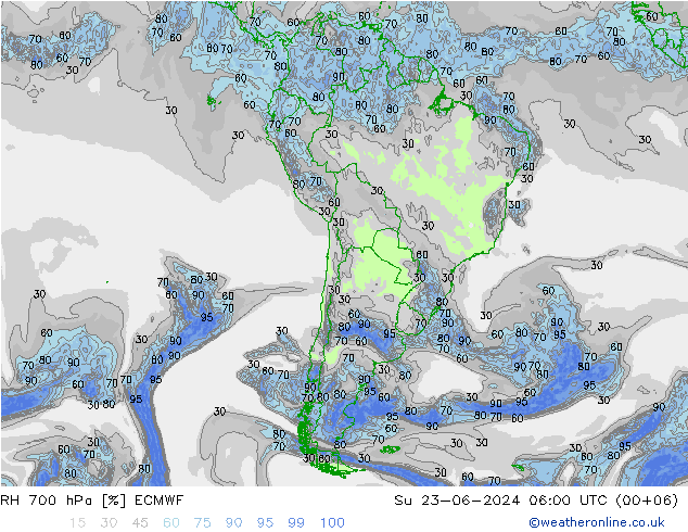 RH 700 гПа ECMWF Вс 23.06.2024 06 UTC