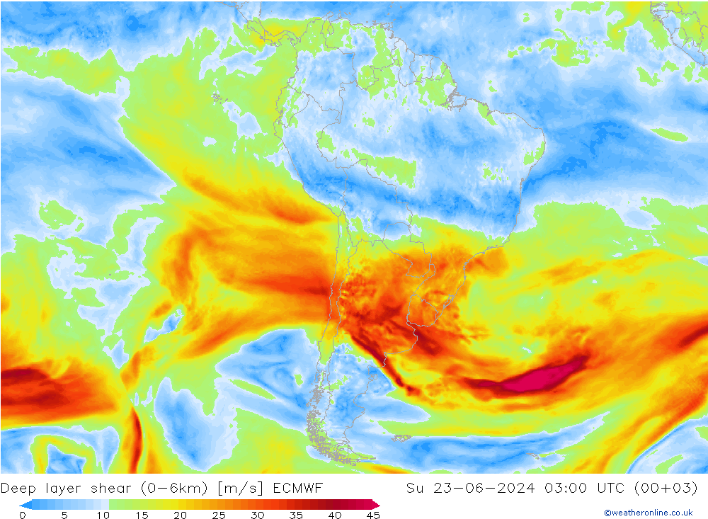 Deep layer shear (0-6km) ECMWF dom 23.06.2024 03 UTC