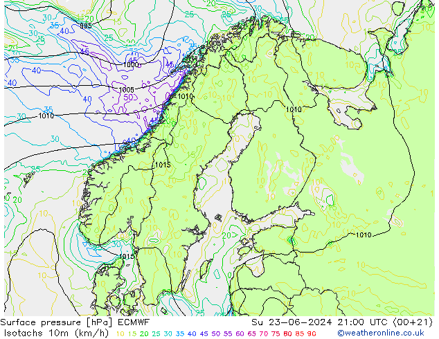 Isotachen (km/h) ECMWF zo 23.06.2024 21 UTC