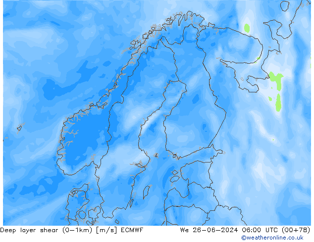 Deep layer shear (0-1km) ECMWF mer 26.06.2024 06 UTC