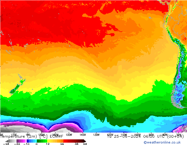 Temperature (2m) ECMWF Tu 25.06.2024 06 UTC