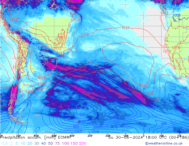 Totale neerslag ECMWF zo 30.06.2024 18 UTC