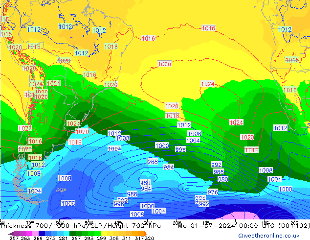 Espesor 700-1000 hPa ECMWF lun 01.07.2024 00 UTC