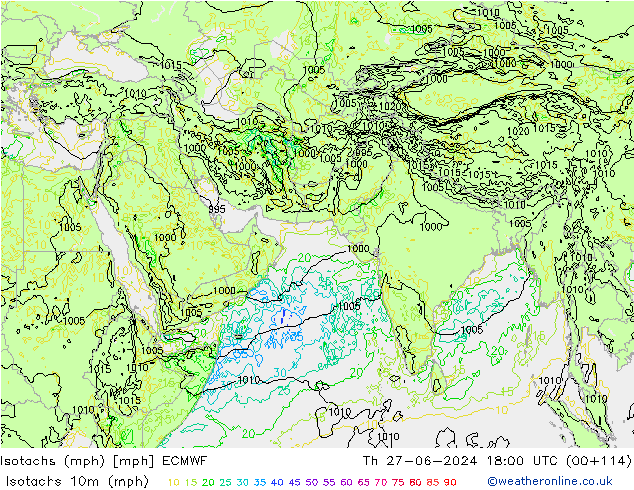 Isotachs (mph) ECMWF Th 27.06.2024 18 UTC